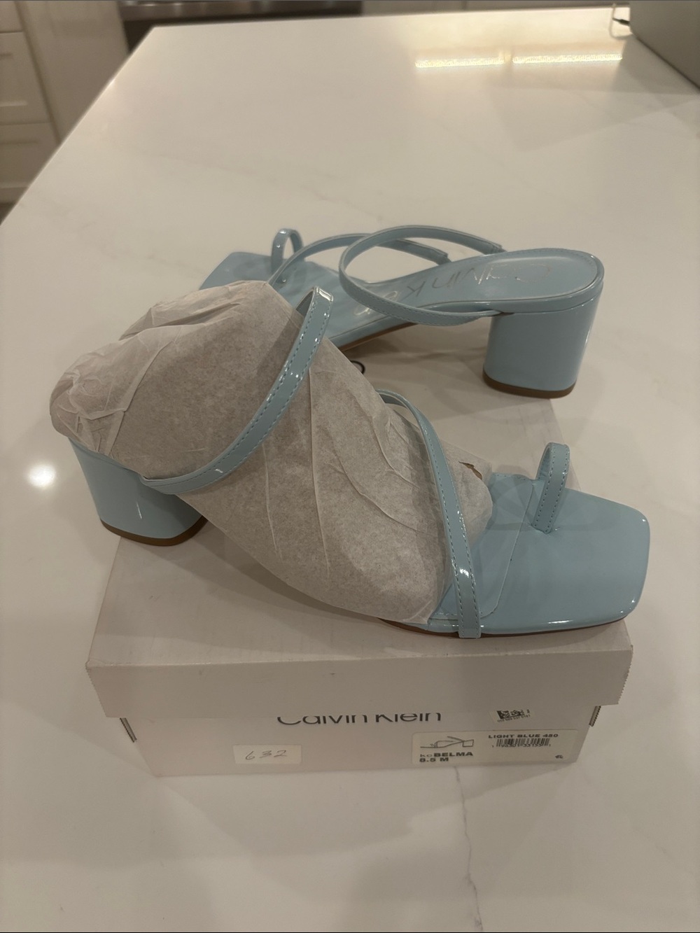 Calvin Klein Baby Blue Patent Block Heel Sandals